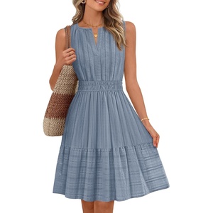 MEROKEETY Womens Summer Casual Beach Vacation Sleeveless Mini Sundress 2026 | V Neck, A Line, Solid Color, Ruffle Hem, Flowy Swing Sun Dress, Elastic Waist, Cotton, Wedding Guest Graduation Short Dress(Dusty Blue)