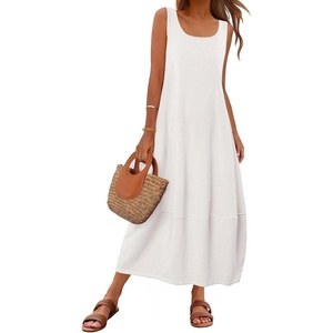 MEROKEETY Women’s Summer Sleeveless Maxi Dress Beach Sundress | Casual Scoop Neck Tank Dress, Cotton, Boho Vacation, Loose Fit, Side Pockets, A-Line, Floral Long Dress, Spring Outfits(White)