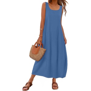 MEROKEETY Women’s Summer Sleeveless Maxi Dress Beach Sundress | Casual Scoop Neck Tank Dress, Cotton, Boho Vacation, Loose Fit, Side Pockets, A-Line, Floral Long Dress, Spring Outfits(Darkblue)