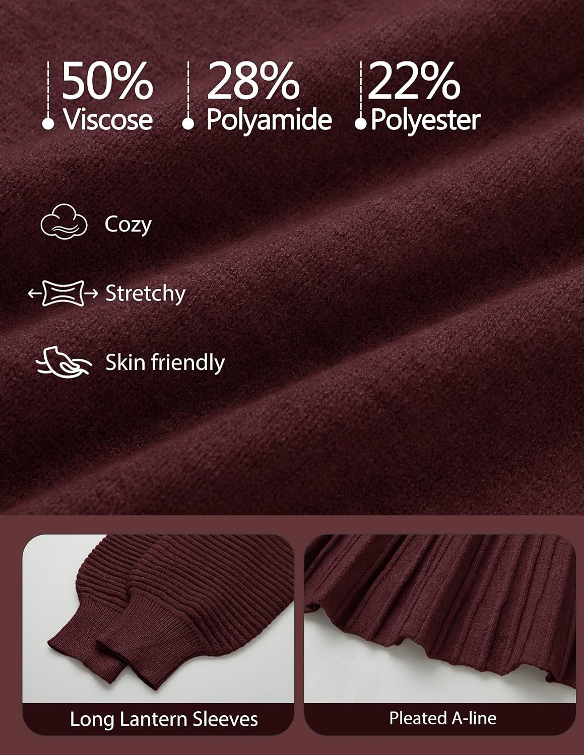 image:imageMEROKEETY Womens Fall 2 Piece Skirt Sets Sweater Outfits Mini Skirts Dress 2026 Mock Neck Long Lantern Ribbed Sleeve Knit Casual Pullover Tops Pleated Fashion Short Skirt Trendy Winter ClothingWine