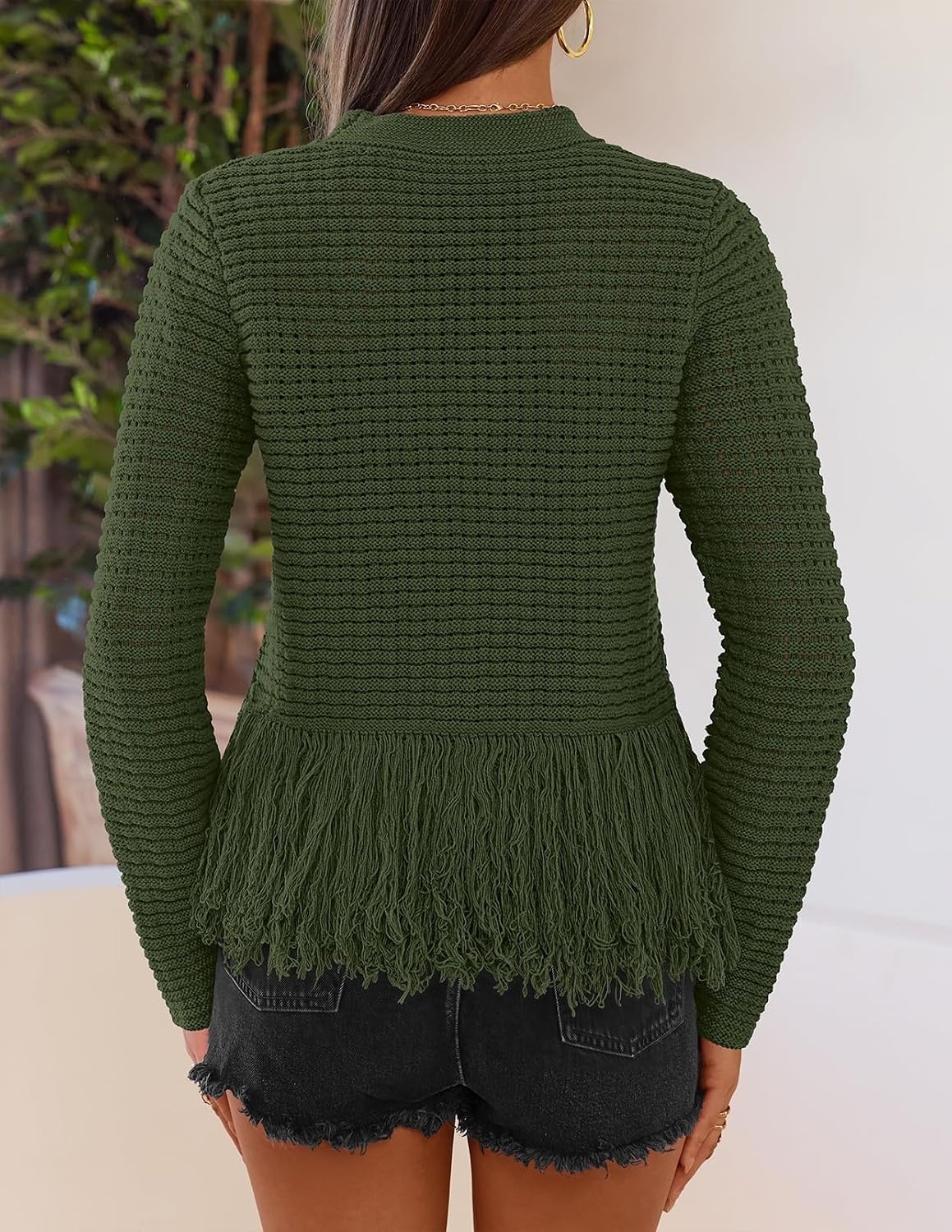 image:imageMEROKEETY Womens Fall Fashion Crochet Fringe Sweaters 2026 Fringe Tops for Women Trendy Boho Knit Long Sleeve Crew Neck Casual Pullover TopsArmy