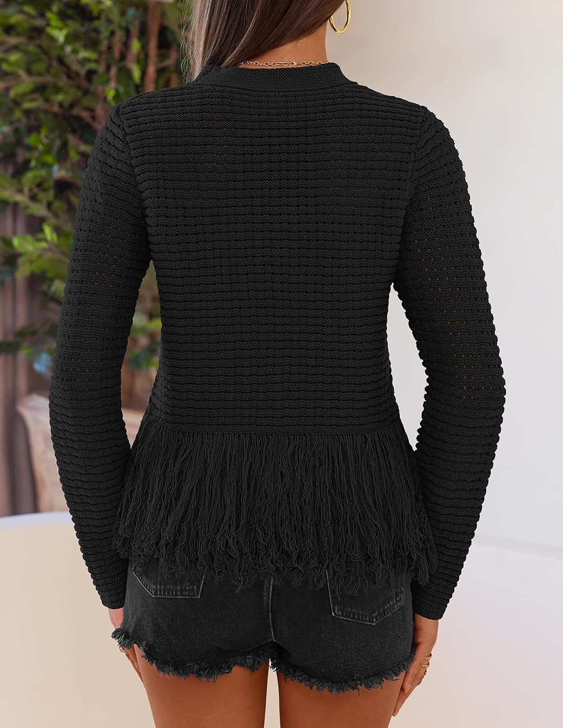 image:imageMEROKEETY Womens Fall Fashion Crochet Fringe Sweaters 2026 Fringe Tops for Women Trendy Boho Knit Long Sleeve Crew Neck Casual Pullover TopsBlack
