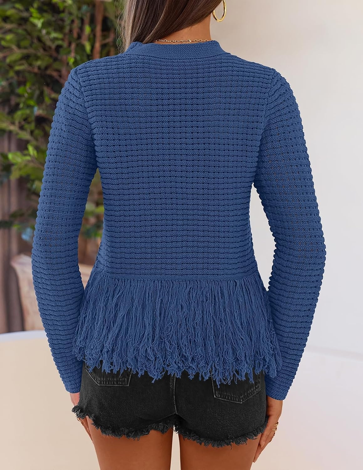 image:imageMEROKEETY Womens Fall Fashion Crochet Fringe Sweaters 2026 Fringe Tops for Women Trendy Boho Knit Long Sleeve Crew Neck Casual Pullover TopsBlue