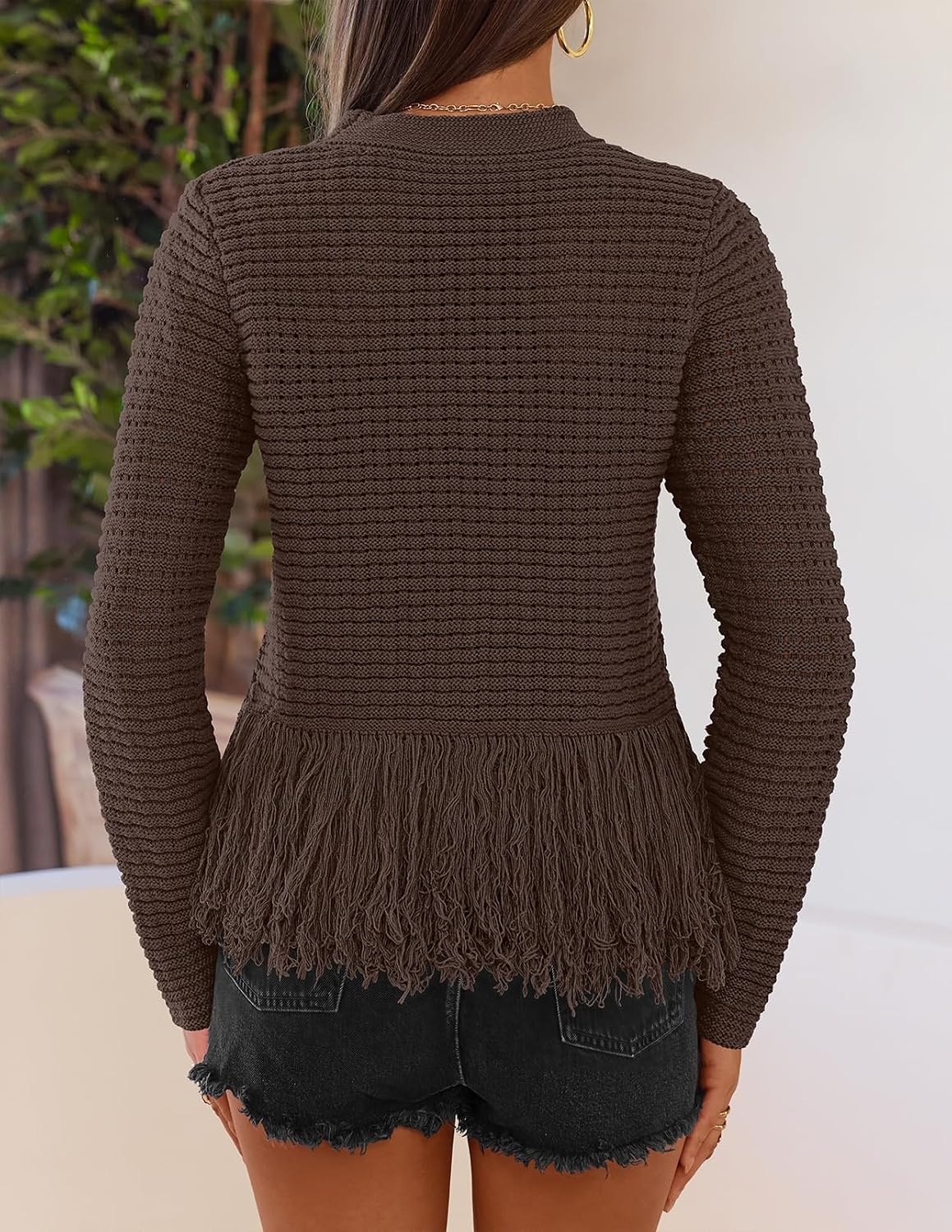 image:imageMEROKEETY Womens Fall Fashion Crochet Fringe Sweaters 2026 Fringe Tops for Women Trendy Boho Knit Long Sleeve Crew Neck Casual Pullover TopsCoffee