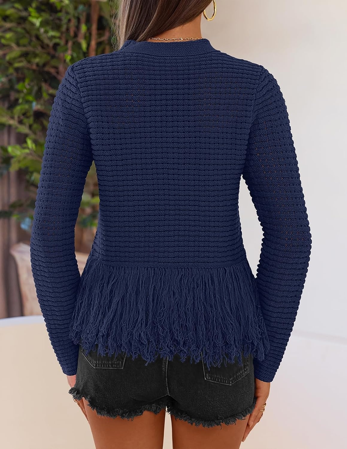 image:imageMEROKEETY Womens Fall Fashion Crochet Fringe Sweaters 2026 Fringe Tops for Women Trendy Boho Knit Long Sleeve Crew Neck Casual Pullover TopsNavy