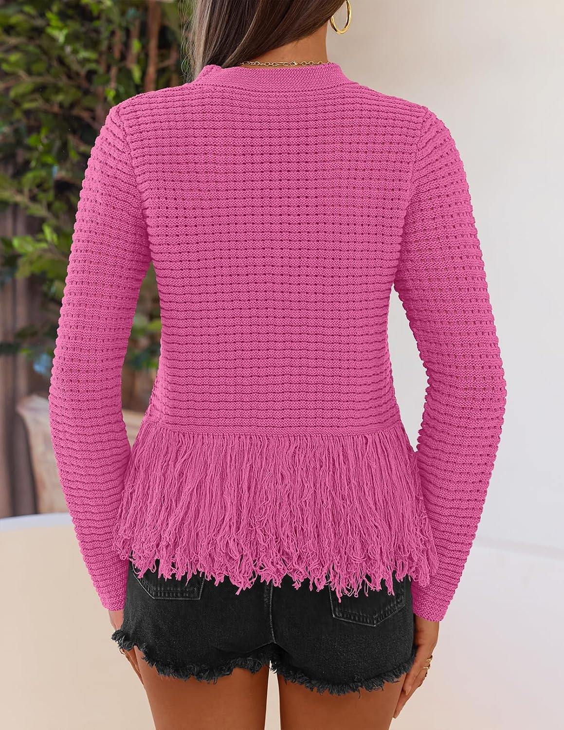 image:imageMEROKEETY Womens Fall Fashion Crochet Fringe Sweaters 2026 Fringe Tops for Women Trendy Boho Knit Long Sleeve Crew Neck Casual Pullover TopsRose