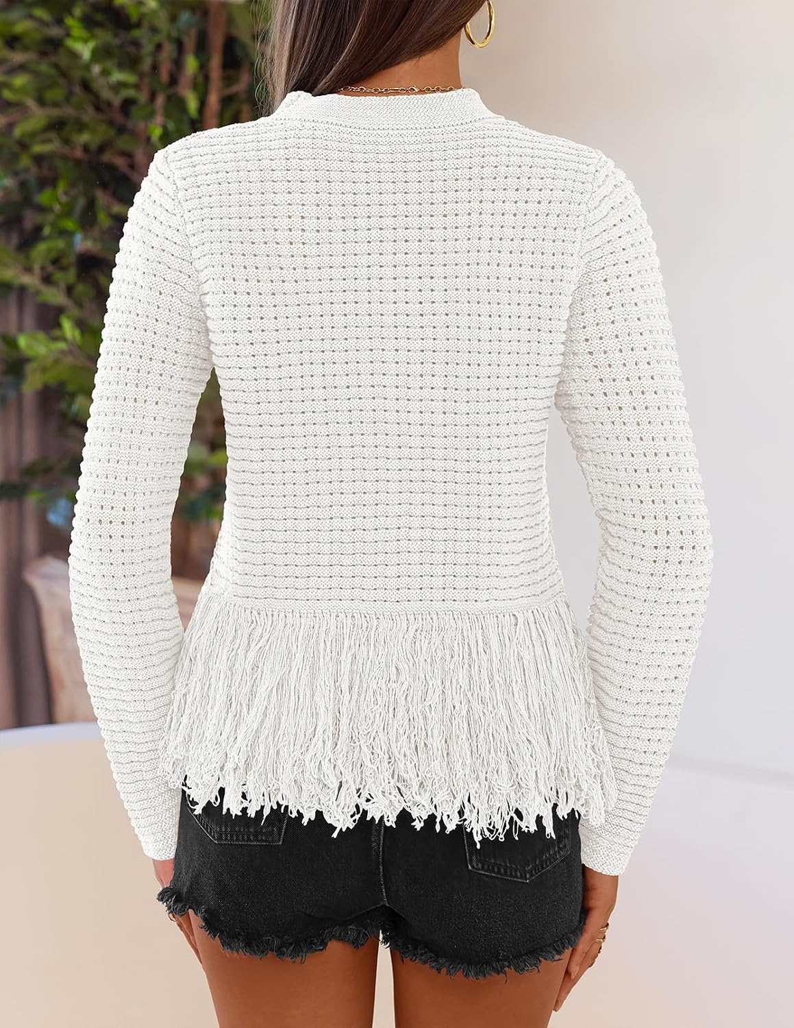 image:imageMEROKEETY Womens Fall Fashion Crochet Fringe Sweaters 2026 Fringe Tops for Women Trendy Boho Knit Long Sleeve Crew Neck Casual Pullover TopsWhite