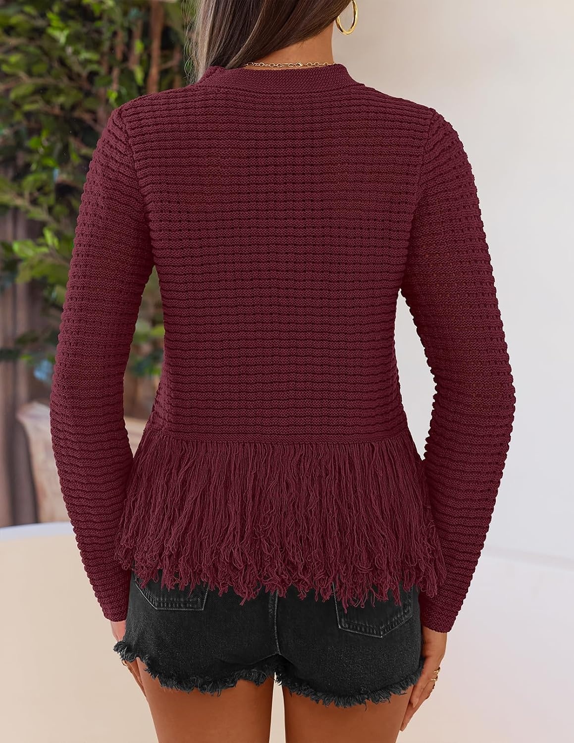 image:imageMEROKEETY Womens Fall Fashion Crochet Fringe Sweaters 2026 Fringe Tops for Women Trendy Boho Knit Long Sleeve Crew Neck Casual Pullover TopsWine