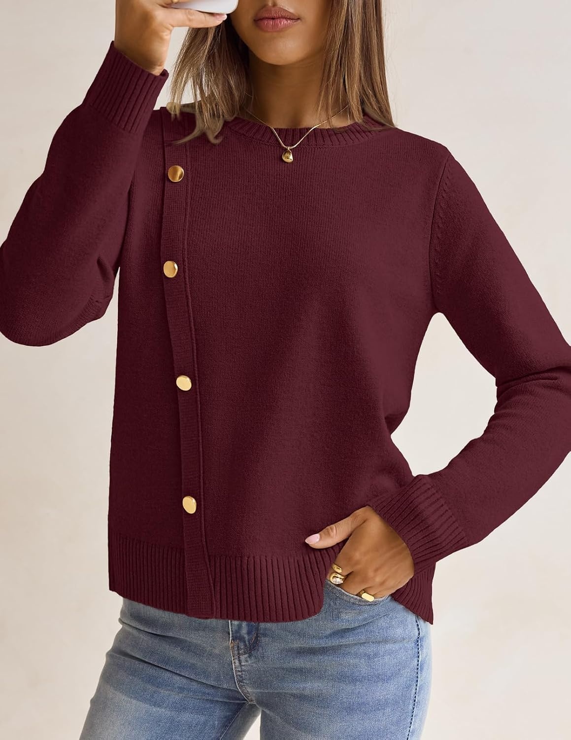 image:imageMEROKEETY Womens Fall Long Sleeve Button Casual Pullover Sweater Crew Neck Ribbed Knit Decorative Gold Buttons Relaxed Fit Solid Color Business Casual Work 2026 Winter OutfitsWine