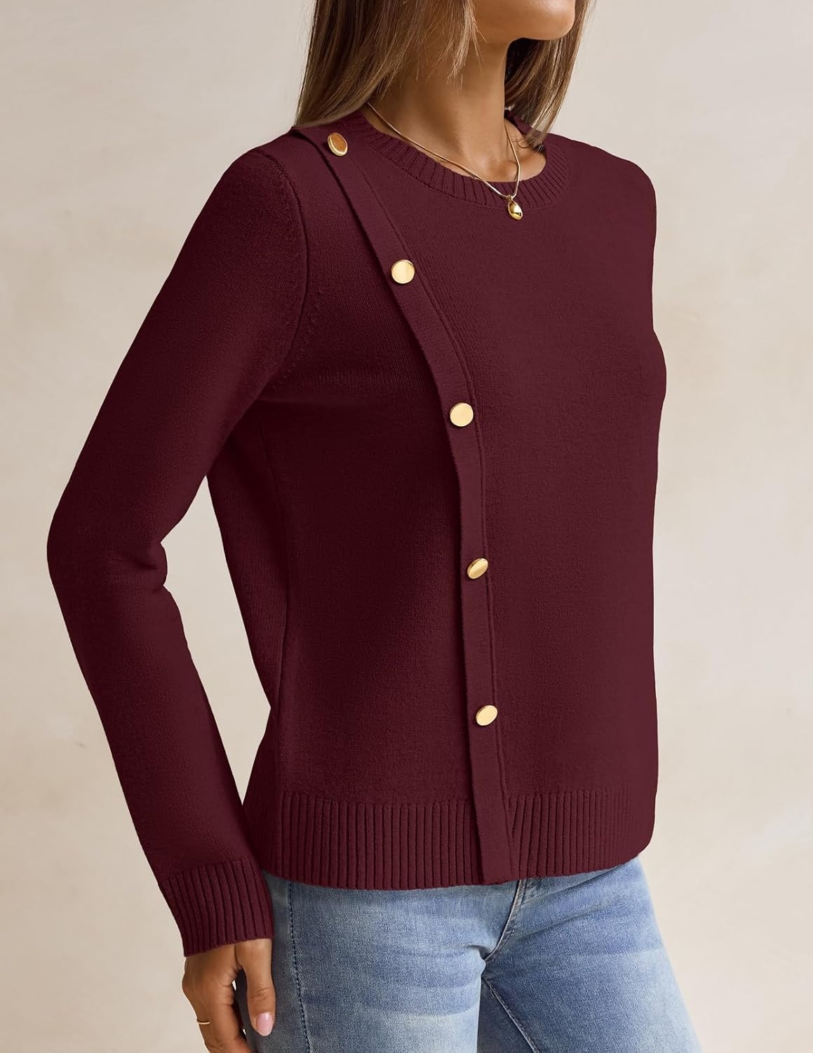 image:imageMEROKEETY Womens Fall Long Sleeve Button Casual Pullover Sweater Crew Neck Ribbed Knit Decorative Gold Buttons Relaxed Fit Solid Color Business Casual Work 2026 Winter OutfitsWine