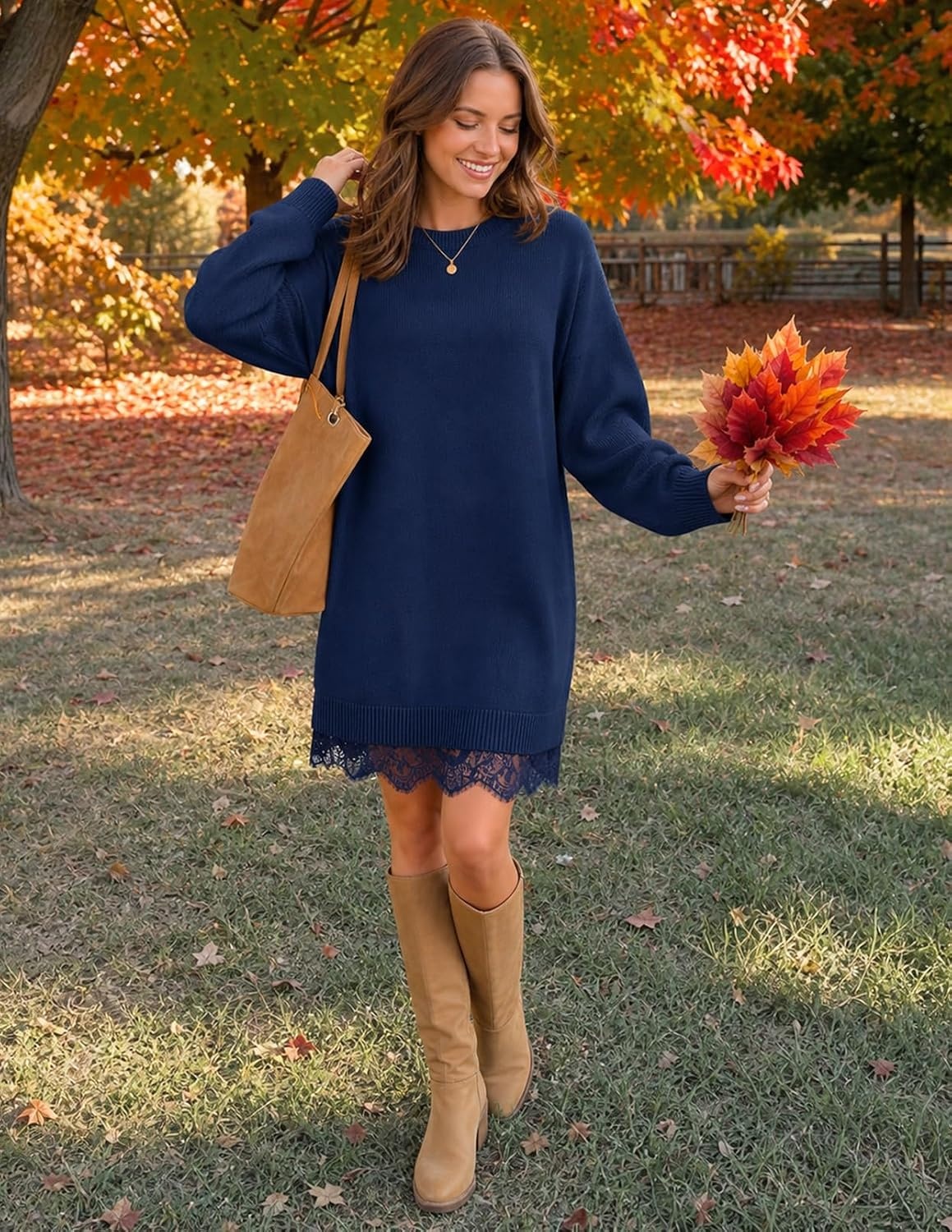 image:imageMEROKEETY Womens Fall Long Sleeve Lace Oversized Casual Knit Sweater Dress Patchwork Crew Neck Above Knee Length Twofer Pullover Ribbed Drop Shoulder Loose Fit Soft Cozy Winter Outfits 2026Navy