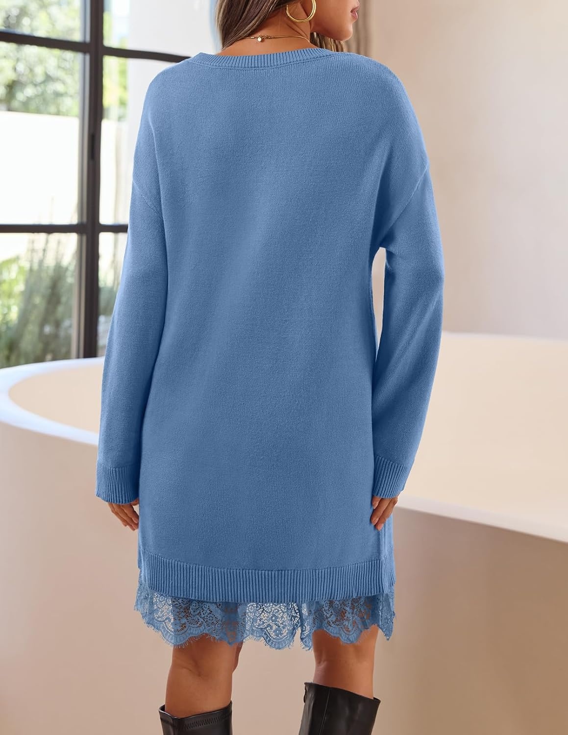 image:imageMEROKEETY Womens Fall Long Sleeve Lace Oversized Casual Knit Sweater Dress Patchwork Crew Neck Above Knee Length Twofer Pullover Ribbed Drop Shoulder Loose Fit Soft Cozy Winter Outfits 2026Dustyblue