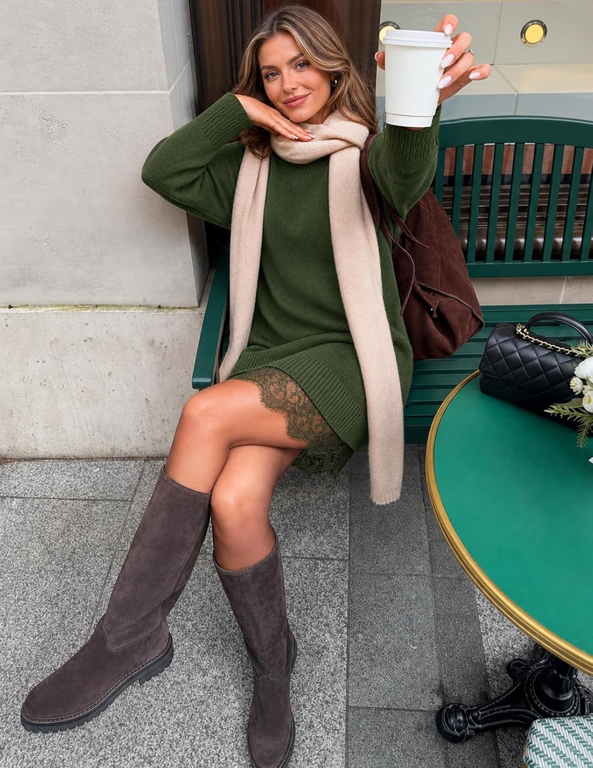 image:imageMEROKEETY Womens Fall Long Sleeve Lace Oversized Casual Knit Sweater Dress Patchwork Crew Neck Above Knee Length Twofer Pullover Ribbed Drop Shoulder Loose Fit Soft Cozy Winter Outfits 2026Army