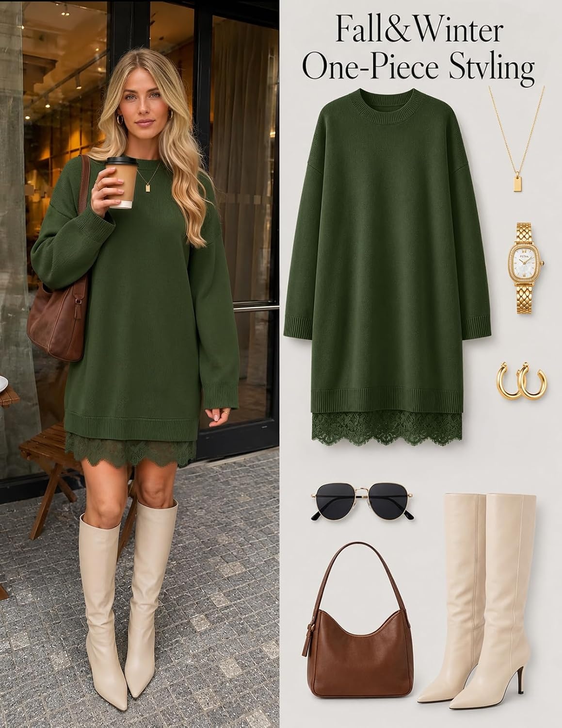 image:imageMEROKEETY Womens Fall Long Sleeve Lace Oversized Casual Knit Sweater Dress Patchwork Crew Neck Above Knee Length Twofer Pullover Ribbed Drop Shoulder Loose Fit Soft Cozy Winter Outfits 2026Army