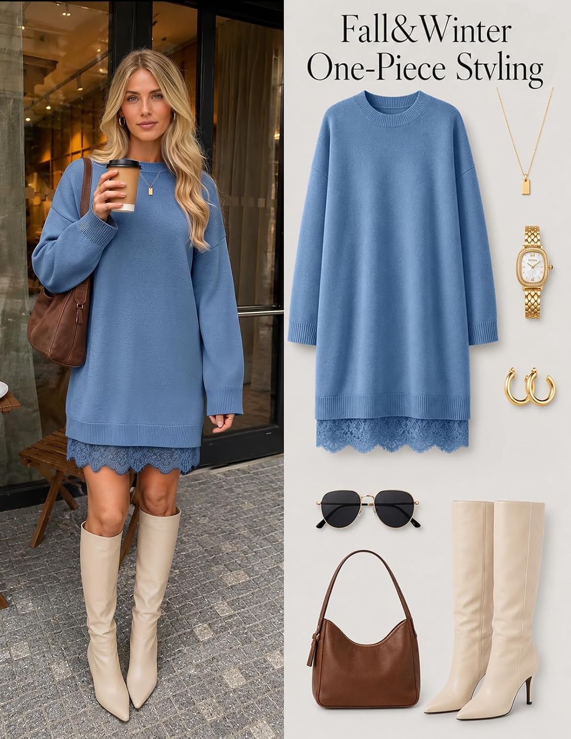 image:imageMEROKEETY Womens Fall Long Sleeve Lace Oversized Casual Knit Sweater Dress Patchwork Crew Neck Above Knee Length Twofer Pullover Ribbed Drop Shoulder Loose Fit Soft Cozy Winter Outfits 2026Dustyblue