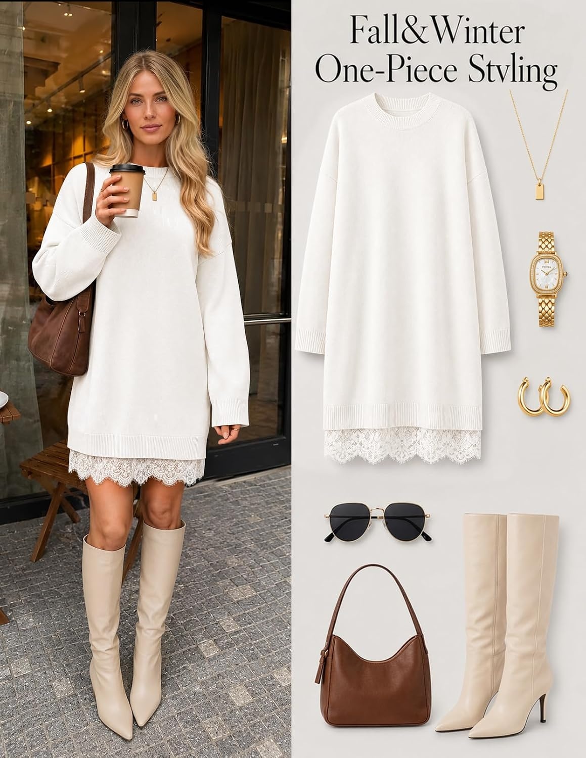 image:imageMEROKEETY Womens Fall Long Sleeve Lace Oversized Casual Knit Sweater Dress Patchwork Crew Neck Above Knee Length Twofer Pullover Ribbed Drop Shoulder Loose Fit Soft Cozy Winter Outfits 2026White