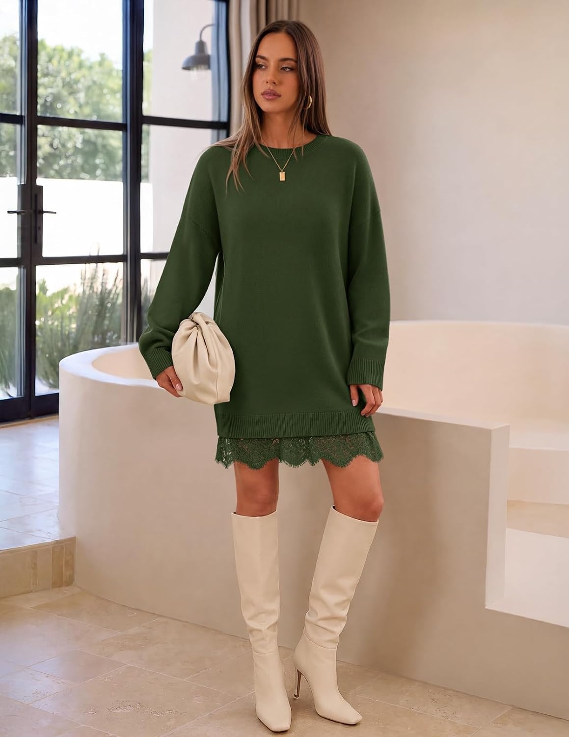 image:imageMEROKEETY Womens Fall Long Sleeve Lace Oversized Casual Knit Sweater Dress Patchwork Crew Neck Above Knee Length Twofer Pullover Ribbed Drop Shoulder Loose Fit Soft Cozy Winter Outfits 2026Army
