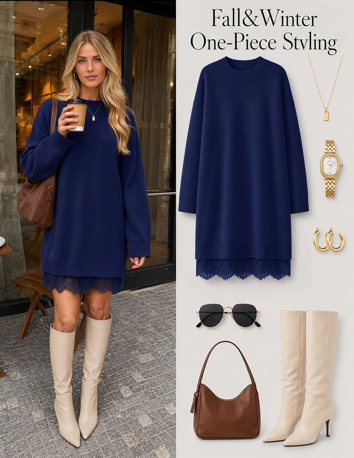 image:imageMEROKEETY Womens Fall Long Sleeve Lace Oversized Casual Knit Sweater Dress Patchwork Crew Neck Above Knee Length Twofer Pullover Ribbed Drop Shoulder Loose Fit Soft Cozy Winter Outfits 2026Navy