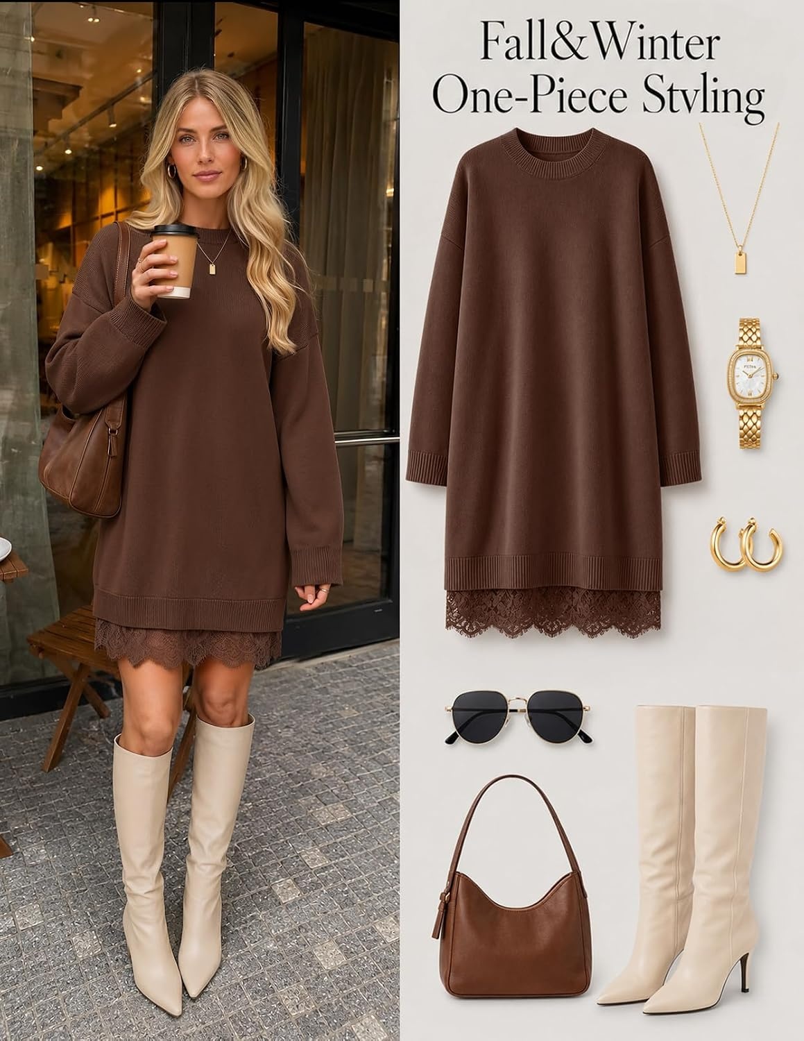 image:imageMEROKEETY Womens Fall Long Sleeve Lace Oversized Casual Knit Sweater Dress Patchwork Crew Neck Above Knee Length Twofer Pullover Ribbed Drop Shoulder Loose Fit Soft Cozy Winter Outfits 2026Coffee