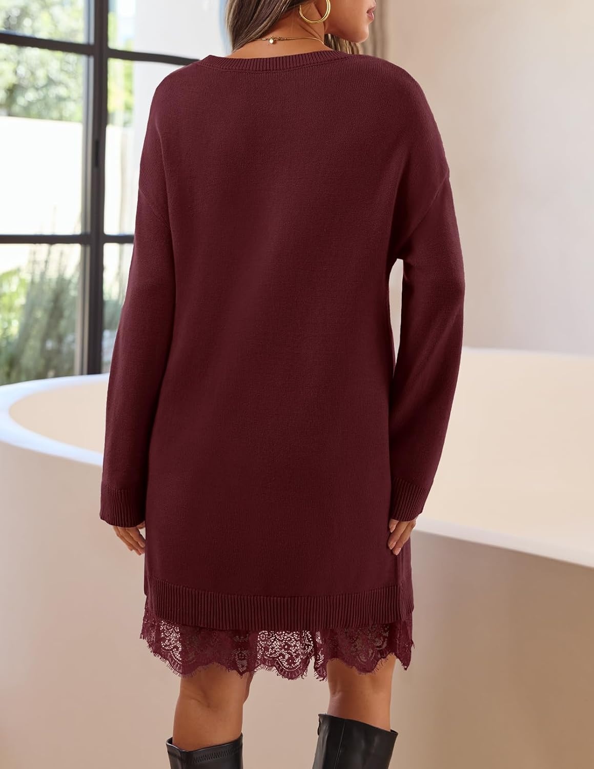 image:imageMEROKEETY Womens Fall Long Sleeve Lace Oversized Casual Knit Sweater Dress Patchwork Crew Neck Above Knee Length Twofer Pullover Ribbed Drop Shoulder Loose Fit Soft Cozy Winter Outfits 2026Wine