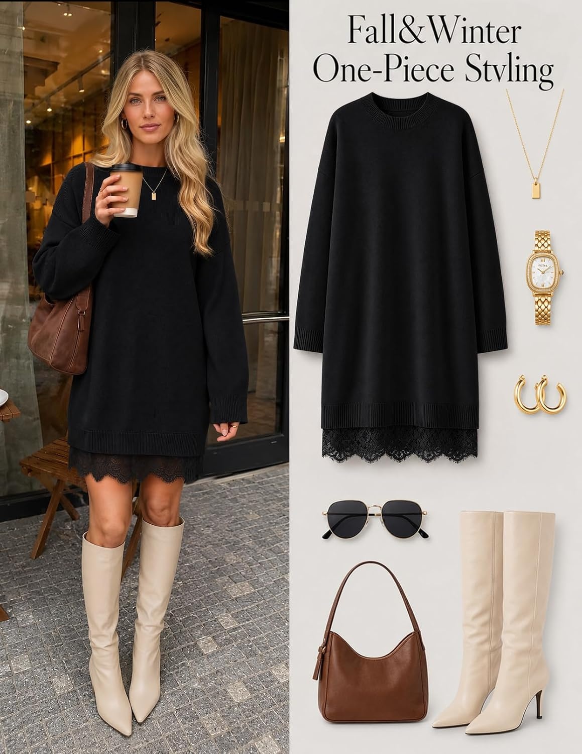 image:imageMEROKEETY Womens Fall Long Sleeve Lace Oversized Casual Knit Sweater Dress Patchwork Crew Neck Above Knee Length Twofer Pullover Ribbed Drop Shoulder Loose Fit Soft Cozy Winter Outfits 2026Black