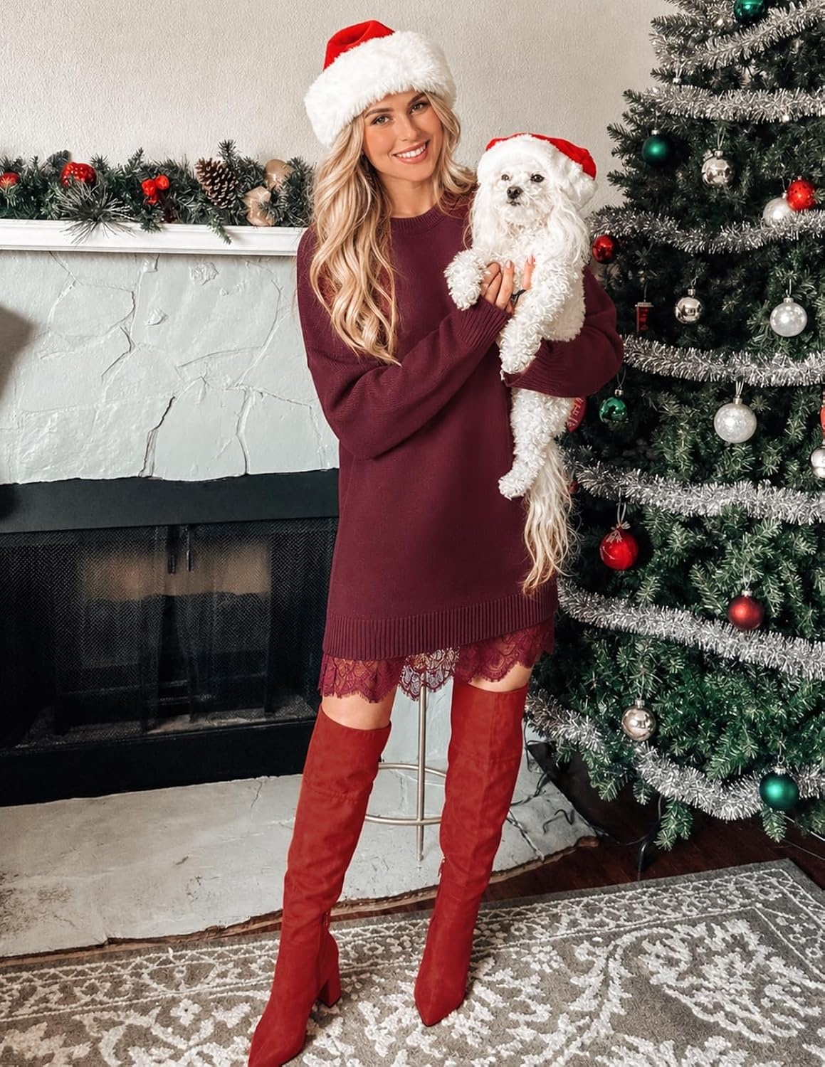 image:imageMEROKEETY Womens Fall Long Sleeve Lace Oversized Casual Knit Sweater Dress Patchwork Crew Neck Above Knee Length Twofer Pullover Ribbed Drop Shoulder Loose Fit Soft Cozy Winter Outfits 2026Wine