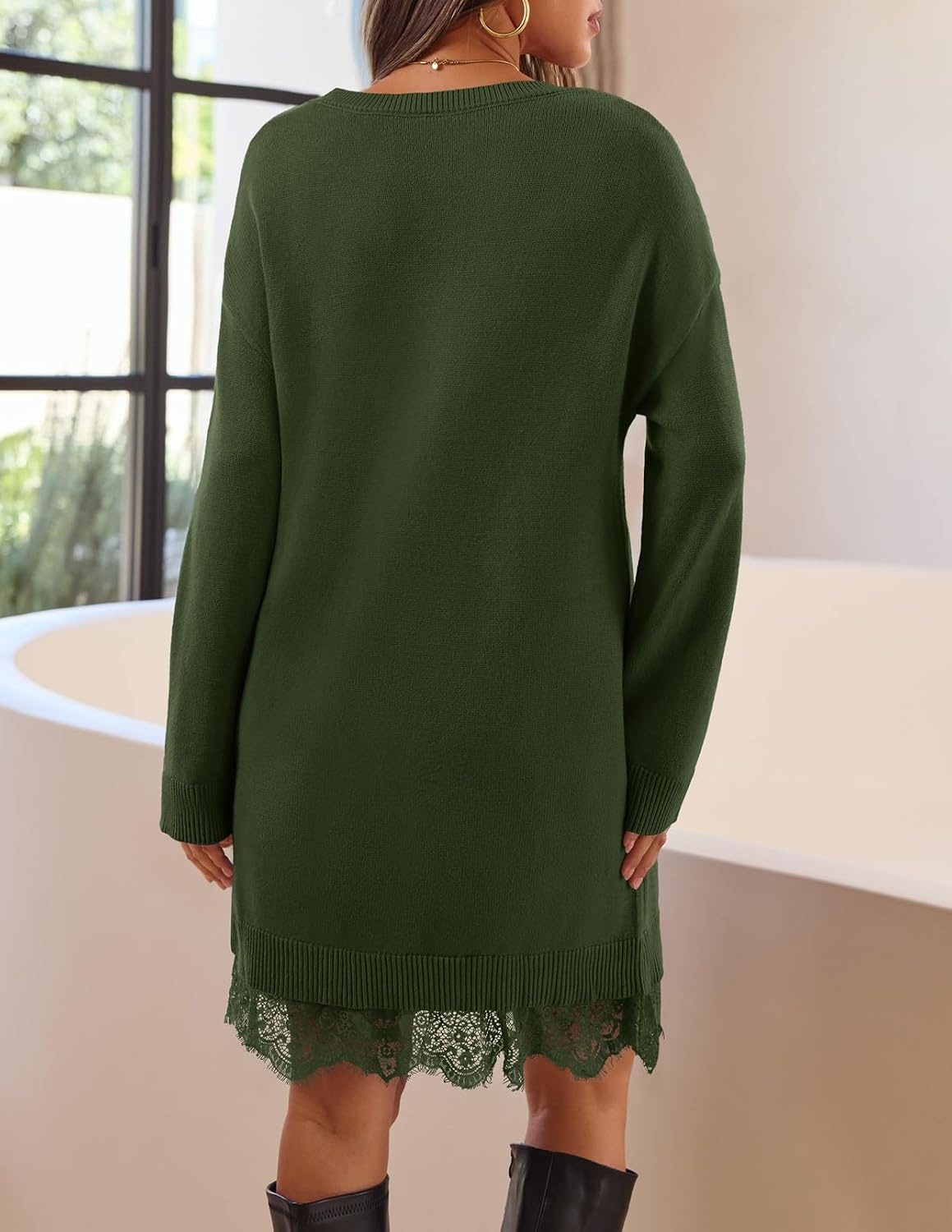 image:imageMEROKEETY Womens Fall Long Sleeve Lace Oversized Casual Knit Sweater Dress Patchwork Crew Neck Above Knee Length Twofer Pullover Ribbed Drop Shoulder Loose Fit Soft Cozy Winter Outfits 2026Army