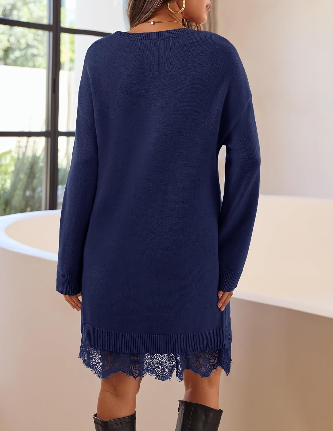 image:imageMEROKEETY Womens Fall Long Sleeve Lace Oversized Casual Knit Sweater Dress Patchwork Crew Neck Above Knee Length Twofer Pullover Ribbed Drop Shoulder Loose Fit Soft Cozy Winter Outfits 2026Navy