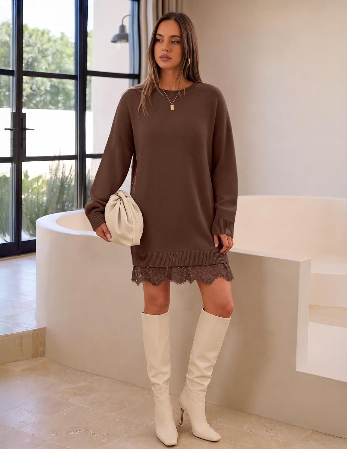 image:imageMEROKEETY Womens Fall Long Sleeve Lace Oversized Casual Knit Sweater Dress Patchwork Crew Neck Above Knee Length Twofer Pullover Ribbed Drop Shoulder Loose Fit Soft Cozy Winter Outfits 2026Coffee