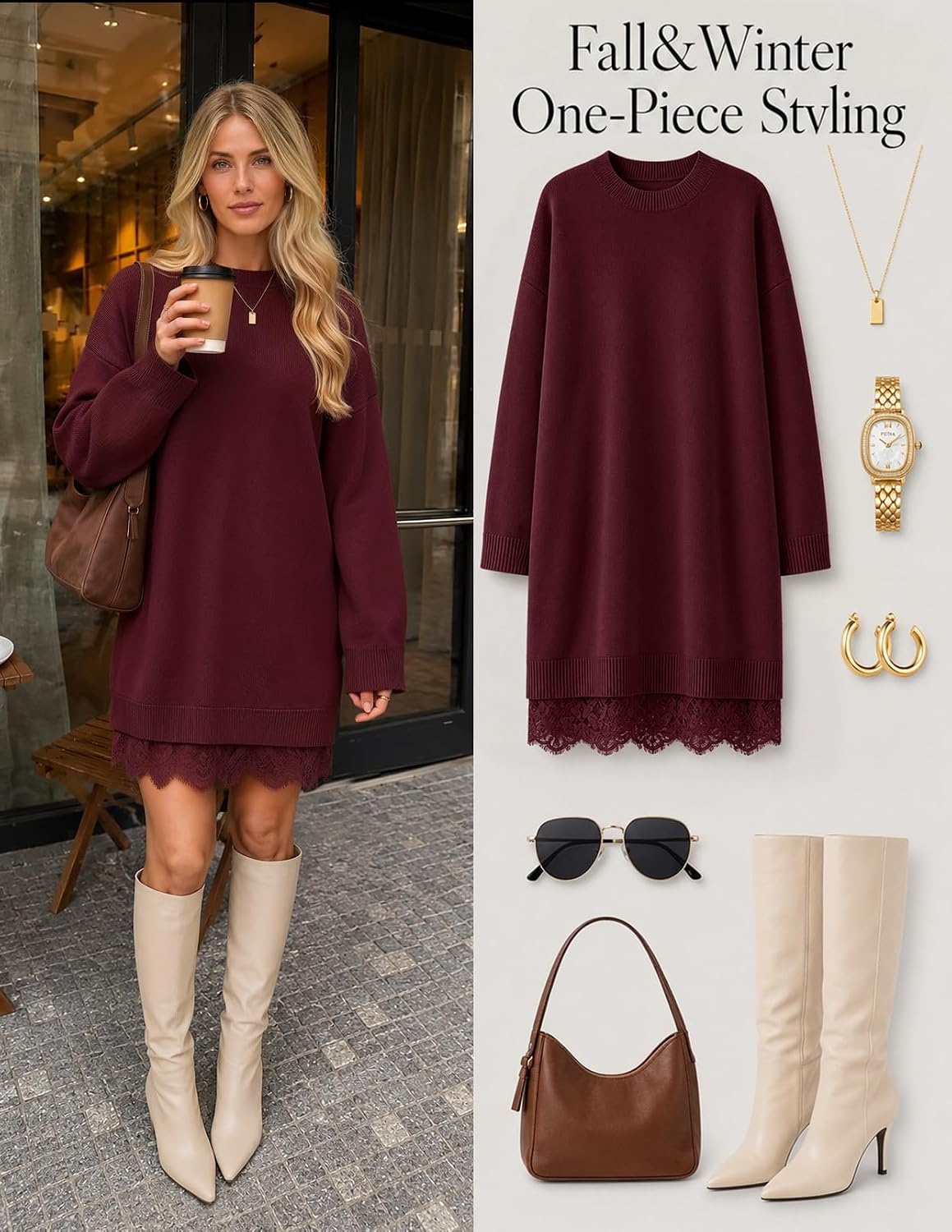 image:imageMEROKEETY Womens Fall Long Sleeve Lace Oversized Casual Knit Sweater Dress Patchwork Crew Neck Above Knee Length Twofer Pullover Ribbed Drop Shoulder Loose Fit Soft Cozy Winter Outfits 2026Wine