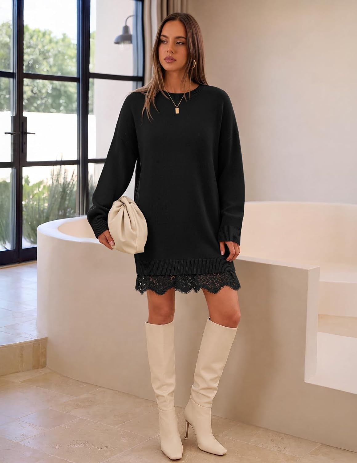 image:imageMEROKEETY Womens Fall Long Sleeve Lace Oversized Casual Knit Sweater Dress Patchwork Crew Neck Above Knee Length Twofer Pullover Ribbed Drop Shoulder Loose Fit Soft Cozy Winter Outfits 2026Black