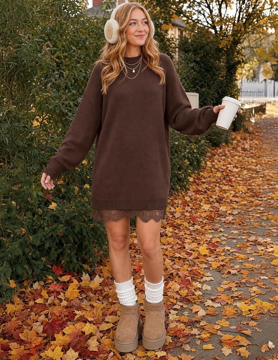 image:imageMEROKEETY Womens Fall Long Sleeve Lace Oversized Casual Knit Sweater Dress Patchwork Crew Neck Above Knee Length Twofer Pullover Ribbed Drop Shoulder Loose Fit Soft Cozy Winter Outfits 2026Coffee