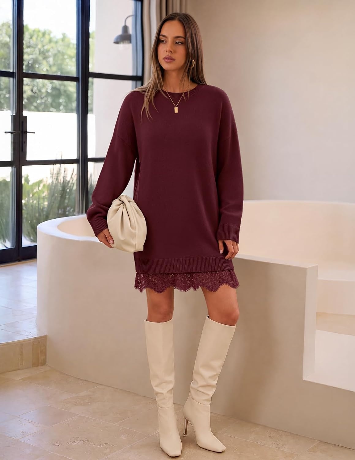image:imageMEROKEETY Womens Fall Long Sleeve Lace Oversized Casual Knit Sweater Dress Patchwork Crew Neck Above Knee Length Twofer Pullover Ribbed Drop Shoulder Loose Fit Soft Cozy Winter Outfits 2026Wine