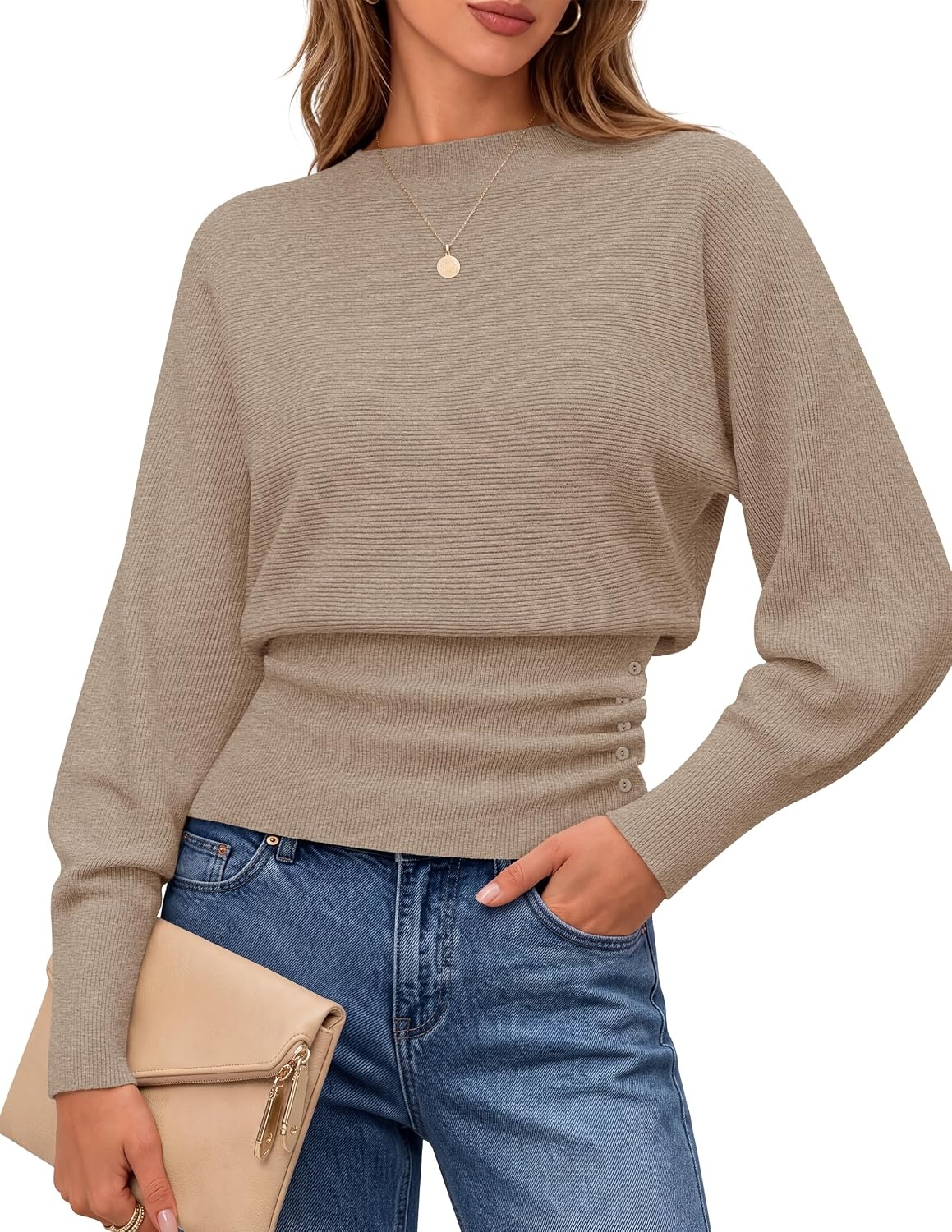 image:imageMEROKEETY Womens Fall Mock Neck Batwing Sleeve Sweater Cinched Waist Tops Dolman Sleeve Ribbed Knit Ruched Singleside Buttons Cozy Pullover Date Night Going Out Outfits Winter Fashion ClothesCamel