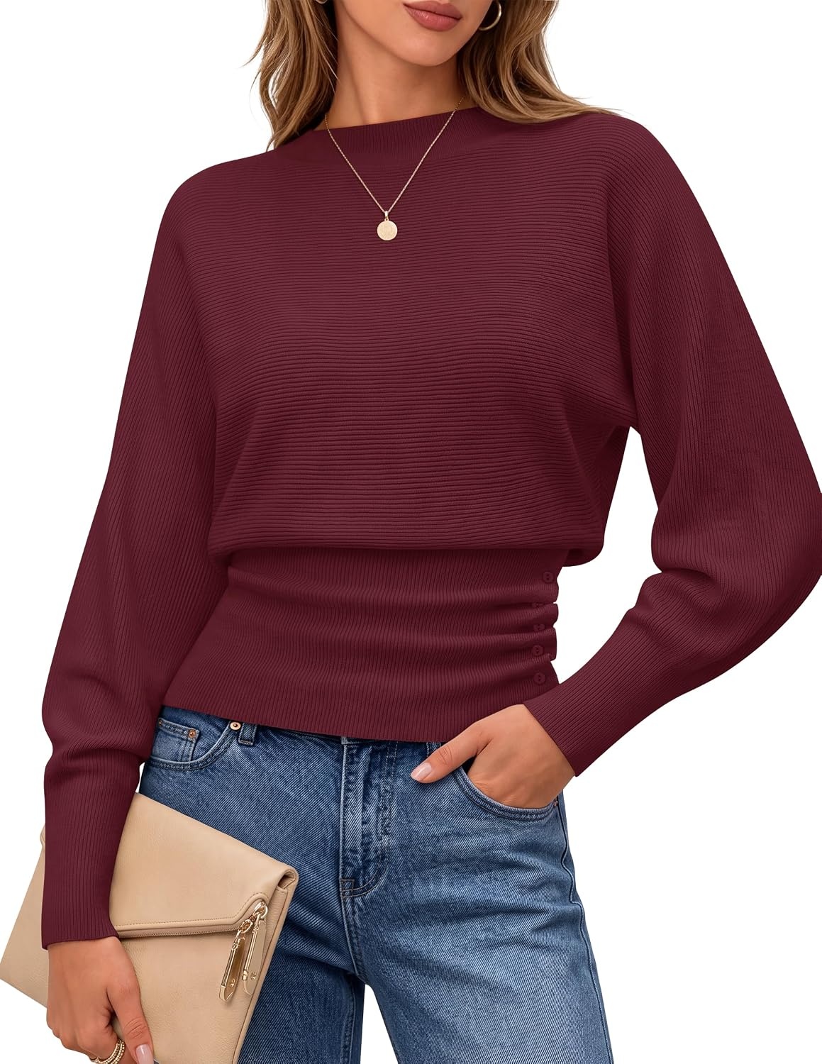 image:imageMEROKEETY Womens Fall Mock Neck Batwing Sleeve Sweater Cinched Waist Tops Dolman Sleeve Ribbed Knit Ruched Singleside Buttons Cozy Pullover Date Night Going Out Outfits Winter Fashion ClothesWine