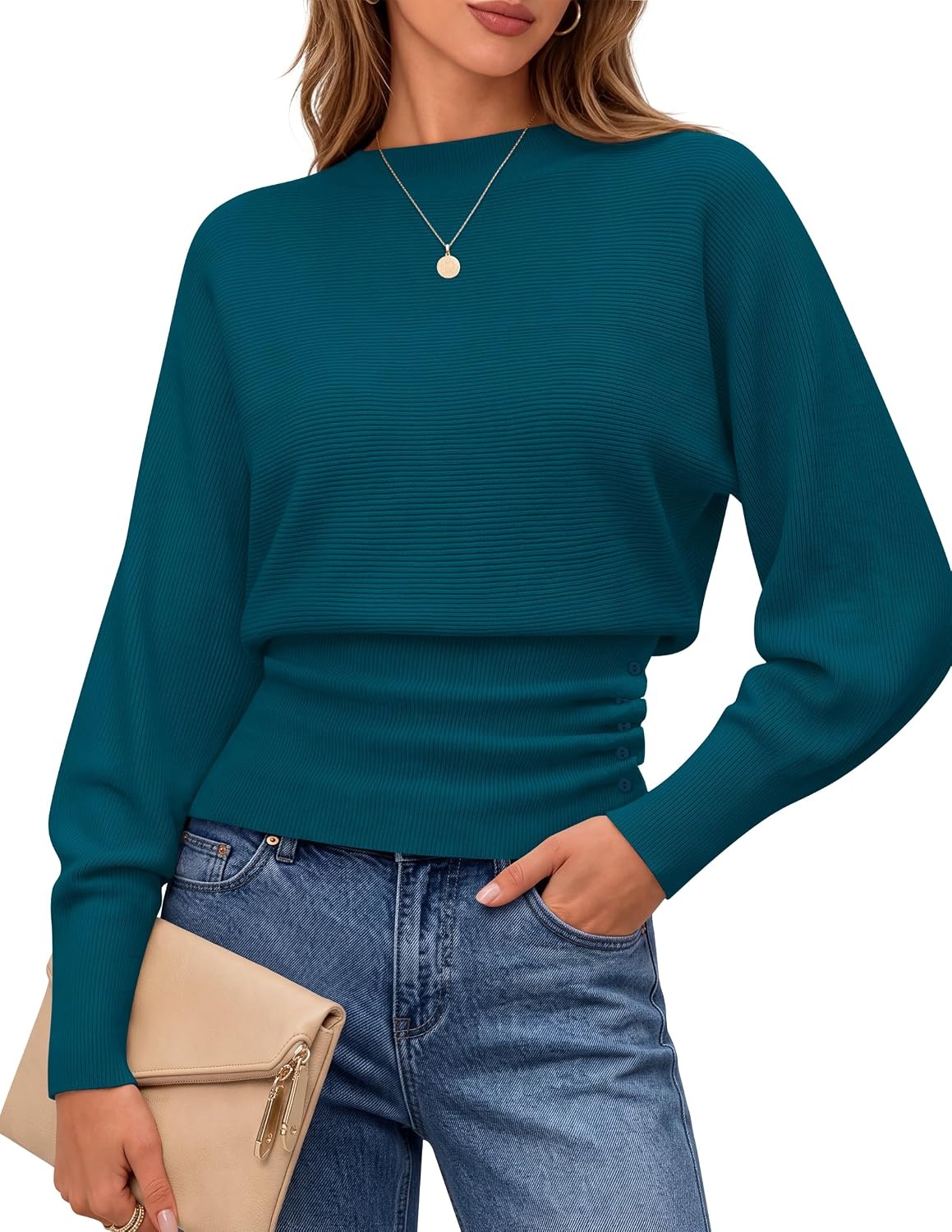 image:imageMEROKEETY Womens Fall Mock Neck Batwing Sleeve Sweater Cinched Waist Tops Dolman Sleeve Ribbed Knit Ruched Singleside Buttons Cozy Pullover Date Night Going Out Outfits Winter Fashion ClothesTeal