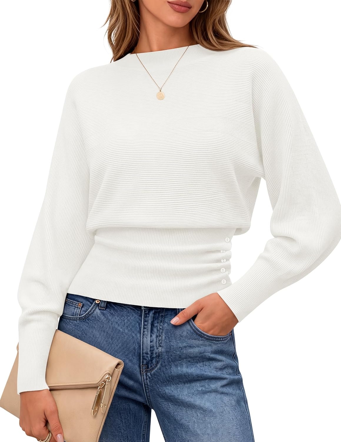 image:imageMEROKEETY Womens Fall Mock Neck Batwing Sleeve Sweater Cinched Waist Tops Dolman Sleeve Ribbed Knit Ruched Singleside Buttons Cozy Pullover Date Night Going Out Outfits Winter Fashion ClothesWhite