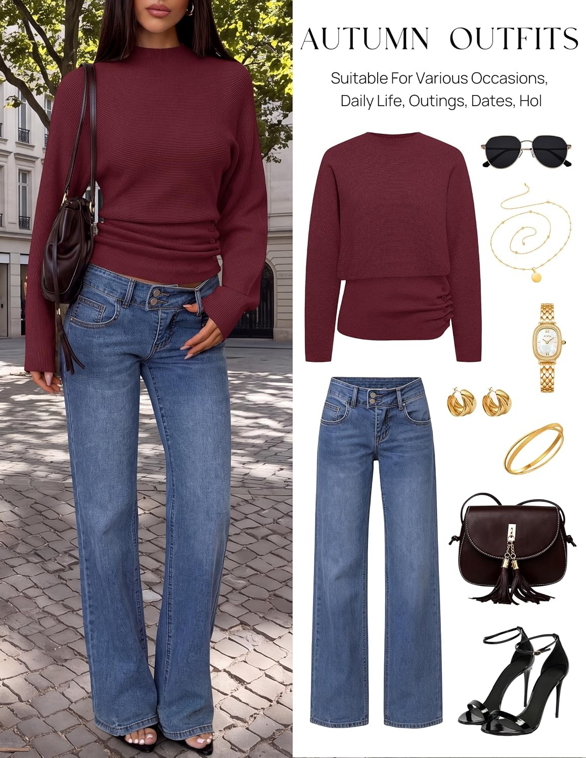 image:imageMEROKEETY Womens Fall Mock Neck Batwing Sleeve Sweater Cinched Waist Tops Dolman Sleeve Ribbed Knit Ruched Singleside Buttons Cozy Pullover Date Night Going Out Outfits Winter Fashion ClothesWine