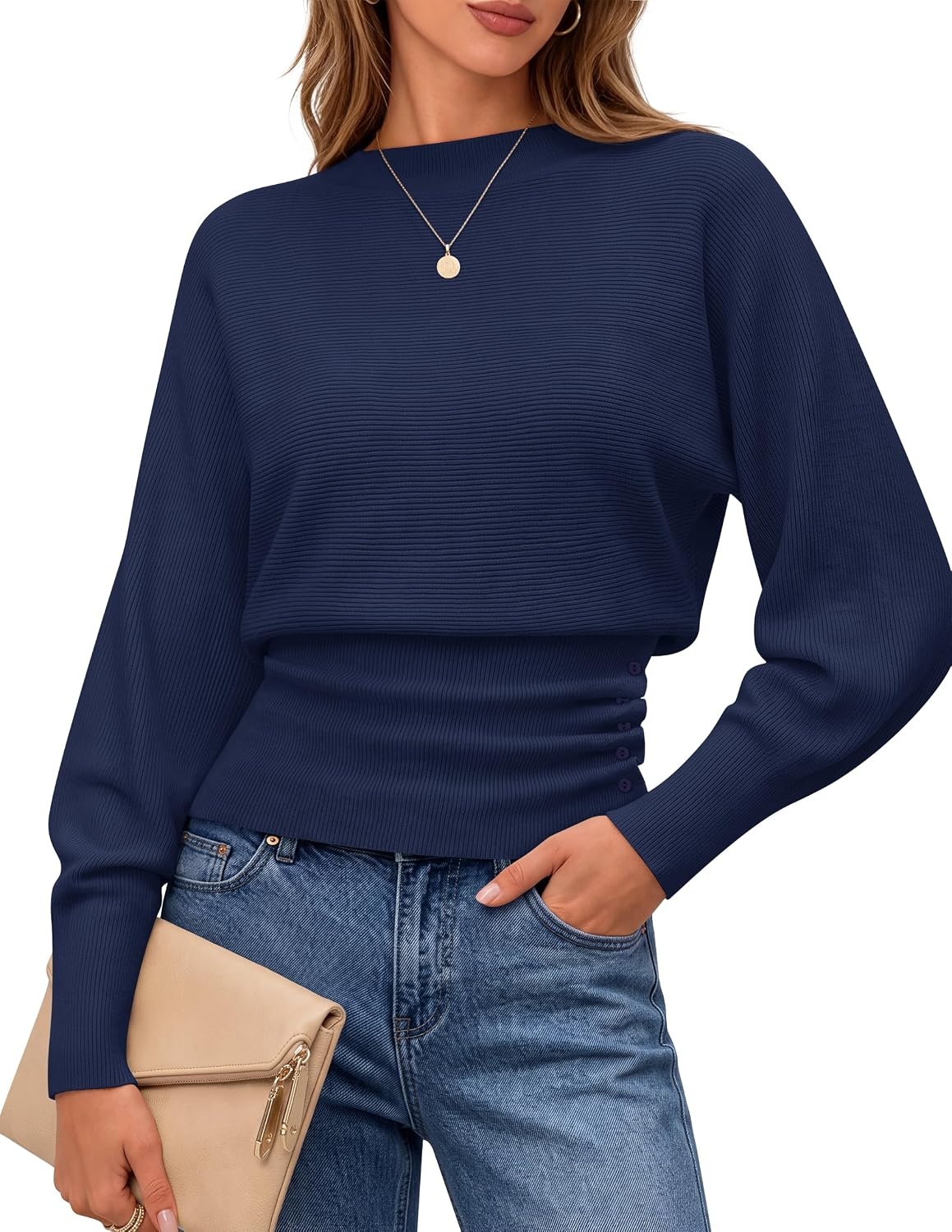 image:imageMEROKEETY Womens Fall Mock Neck Batwing Sleeve Sweater Cinched Waist Tops Dolman Sleeve Ribbed Knit Ruched Singleside Buttons Cozy Pullover Date Night Going Out Outfits Winter Fashion ClothesNavy