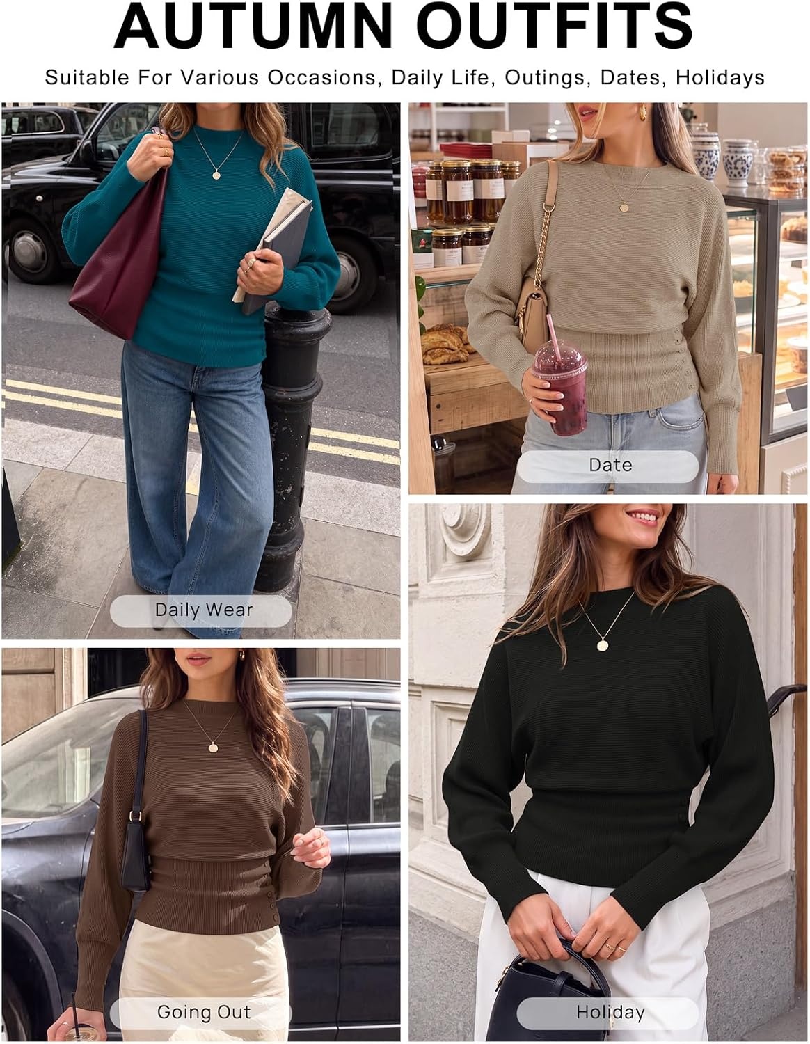 image:imageMEROKEETY Womens Fall Mock Neck Batwing Sleeve Sweater Cinched Waist Tops Dolman Sleeve Ribbed Knit Ruched Singleside Buttons Cozy Pullover Date Night Going Out Outfits Winter Fashion ClothesCamel