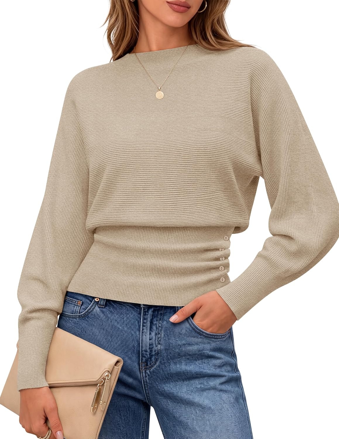 image:imageMEROKEETY Womens Fall Mock Neck Batwing Sleeve Sweater Cinched Waist Tops Dolman Sleeve Ribbed Knit Ruched Singleside Buttons Cozy Pullover Date Night Going Out Outfits Winter Fashion ClothesOatmeal