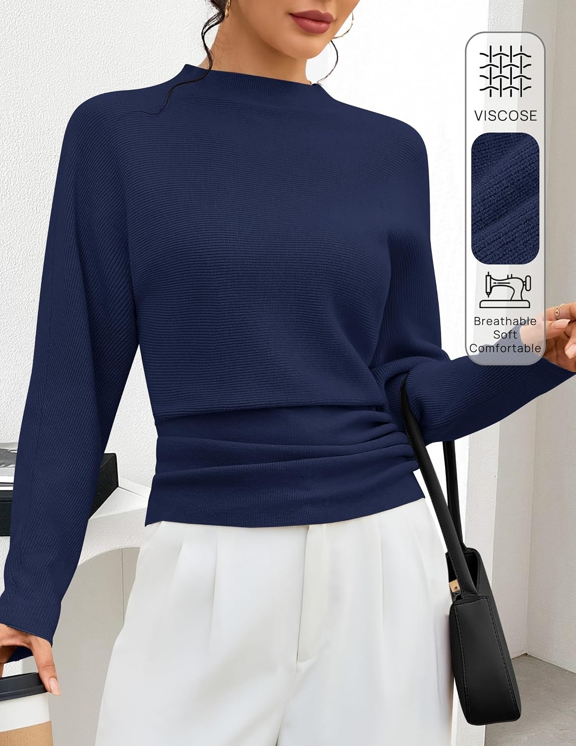 image:imageMEROKEETY Womens Fall Mock Neck Batwing Sleeve Sweater Cinched Waist Tops Dolman Sleeve Ribbed Knit Ruched Singleside Buttons Cozy Pullover Date Night Going Out Outfits Winter Fashion ClothesNavy