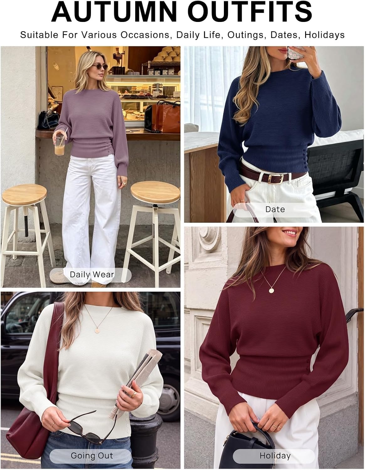 image:imageMEROKEETY Womens Fall Mock Neck Batwing Sleeve Sweater Cinched Waist Tops Dolman Sleeve Ribbed Knit Ruched Singleside Buttons Cozy Pullover Date Night Going Out Outfits Winter Fashion ClothesWine