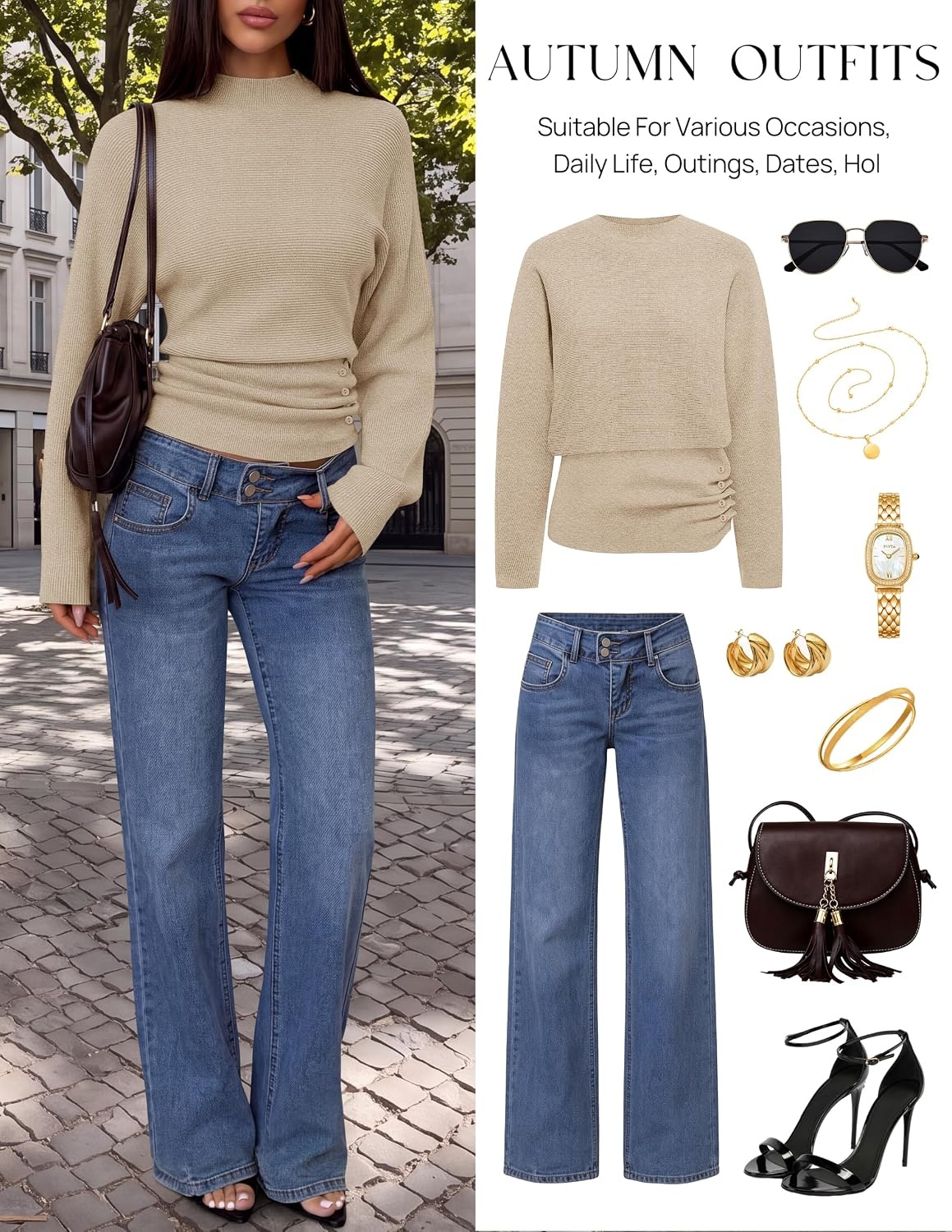 image:imageMEROKEETY Womens Fall Mock Neck Batwing Sleeve Sweater Cinched Waist Tops Dolman Sleeve Ribbed Knit Ruched Singleside Buttons Cozy Pullover Date Night Going Out Outfits Winter Fashion ClothesOatmeal