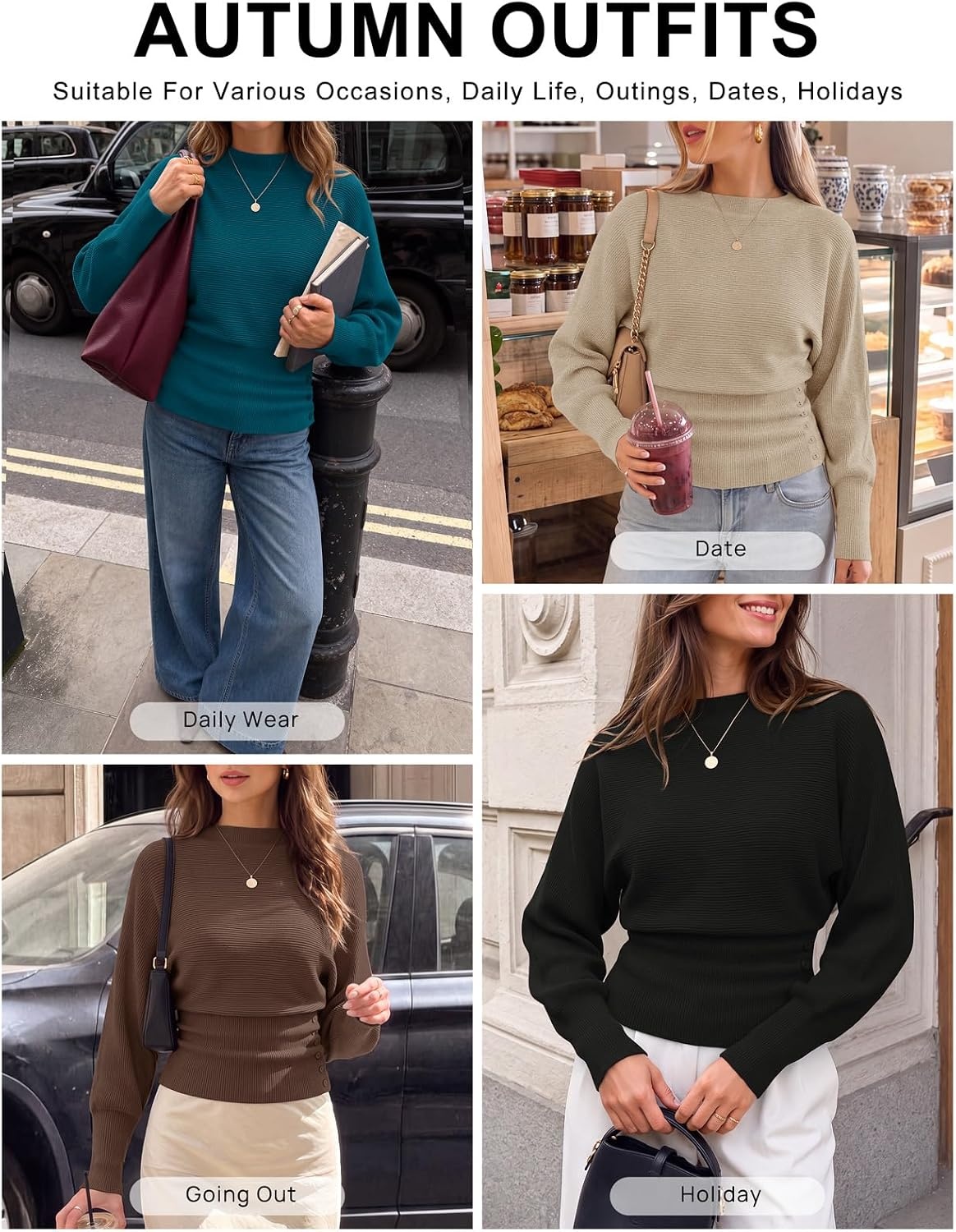 image:imageMEROKEETY Womens Fall Mock Neck Batwing Sleeve Sweater Cinched Waist Tops Dolman Sleeve Ribbed Knit Ruched Singleside Buttons Cozy Pullover Date Night Going Out Outfits Winter Fashion ClothesOatmeal
