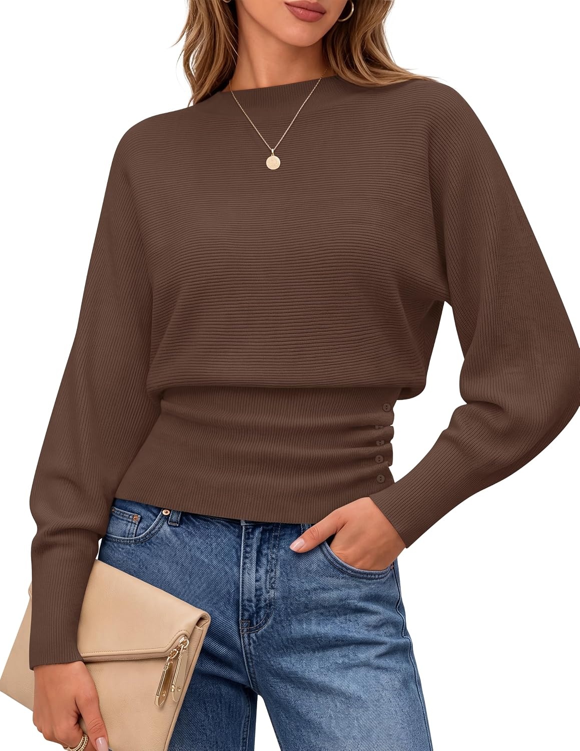 image:imageMEROKEETY Womens Fall Mock Neck Batwing Sleeve Sweater Cinched Waist Tops Dolman Sleeve Ribbed Knit Ruched Singleside Buttons Cozy Pullover Date Night Going Out Outfits Winter Fashion ClothesCoffee