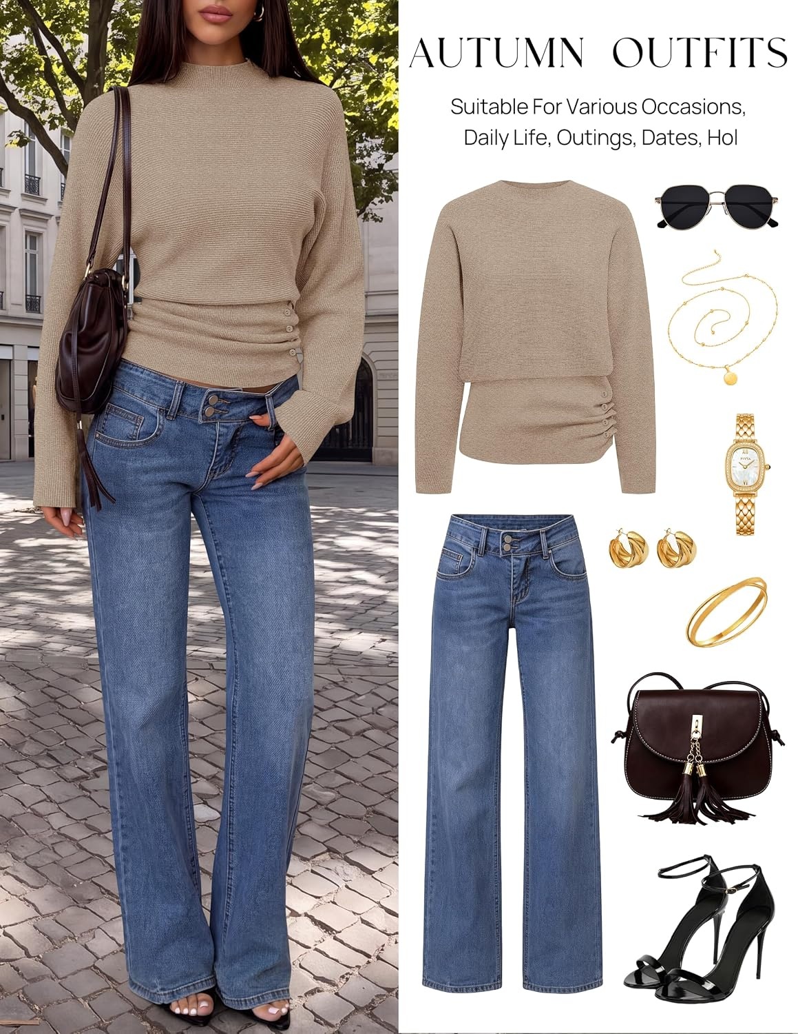 image:imageMEROKEETY Womens Fall Mock Neck Batwing Sleeve Sweater Cinched Waist Tops Dolman Sleeve Ribbed Knit Ruched Singleside Buttons Cozy Pullover Date Night Going Out Outfits Winter Fashion ClothesCamel
