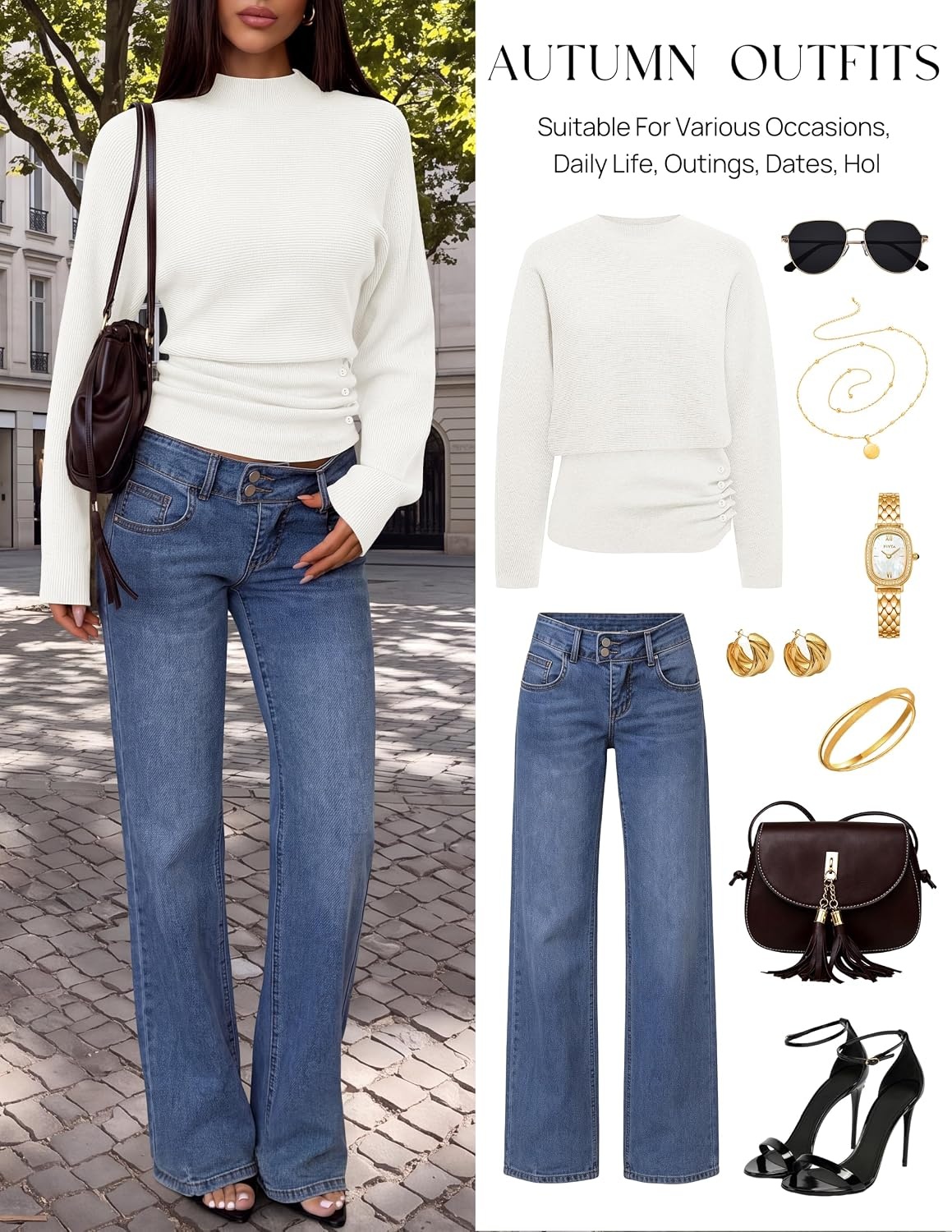 image:imageMEROKEETY Womens Fall Mock Neck Batwing Sleeve Sweater Cinched Waist Tops Dolman Sleeve Ribbed Knit Ruched Singleside Buttons Cozy Pullover Date Night Going Out Outfits Winter Fashion ClothesWhite