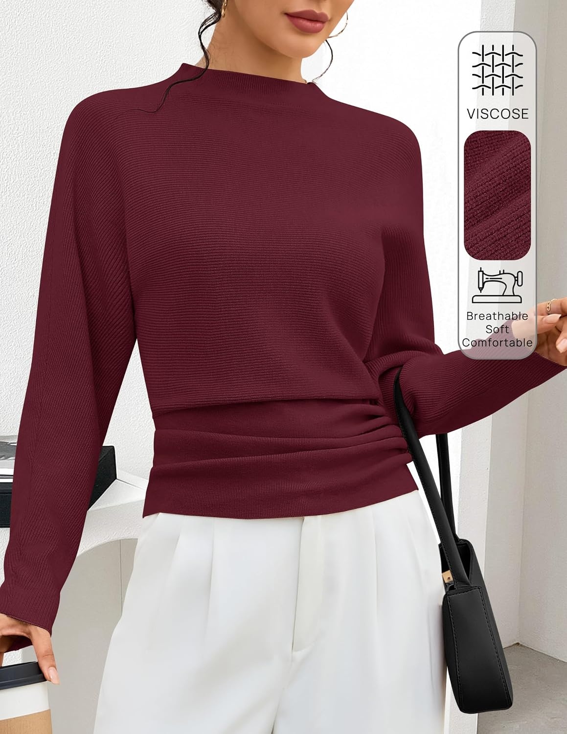 image:imageMEROKEETY Womens Fall Mock Neck Batwing Sleeve Sweater Cinched Waist Tops Dolman Sleeve Ribbed Knit Ruched Singleside Buttons Cozy Pullover Date Night Going Out Outfits Winter Fashion ClothesWine