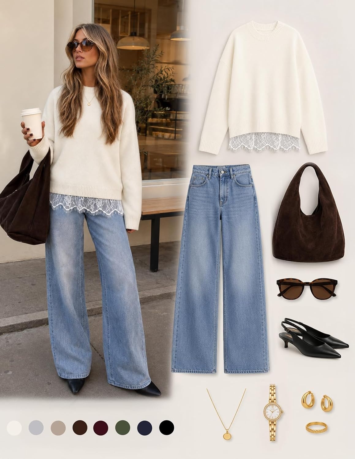 image:imageMEROKEETY Womens Fall Oversized Lace Sweaters 2026 Trendy Long Sleeve Crew Neck Drop Shoulder Soft Knit Loose Casual Cozy Cute Pullover Top Fall Fashion Outfits Winter ClothesWhite